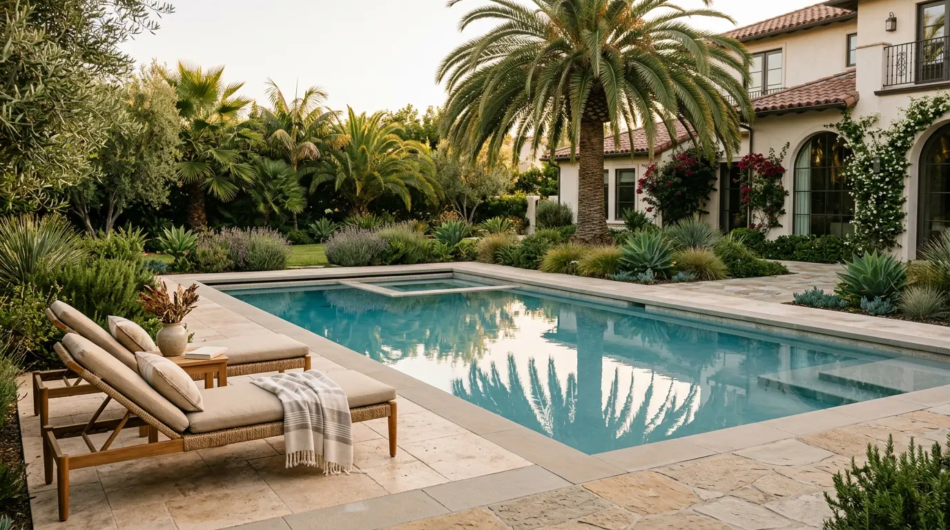 Serene backyard pool and landscaping at a California home