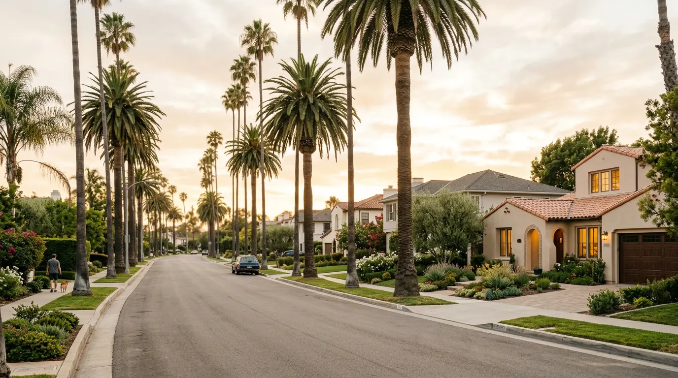 A Southern California suburban street lined with homes and palm trees